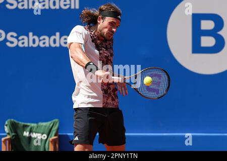 BARCELONA, SPAIN - APRIL 20:  Stefanos Tsitsipas from Greeece during the Barcelona Open Banc Sabadell 70 Trofeo Conde de Godo game against Denis Shapovalov and Stefanos Tsitsipas at the Real Club de Tenis Barcelona on April 20, 2023 in Barcelona, Spain Stock Photo