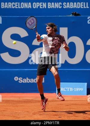 BARCELONA, SPAIN - APRIL 20:  Stefanos Tsitsipas from Greeece during the Barcelona Open Banc Sabadell 70 Trofeo Conde de Godo game against Denis Shapovalov and Stefanos Tsitsipas at the Real Club de Tenis Barcelona on April 20, 2023 in Barcelona, Spain Stock Photo