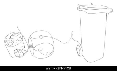 One continuous line of Garbage Bin with Dice. Thin Line Illustration vector concept. Contour Drawing Creative ideas. Stock Vector