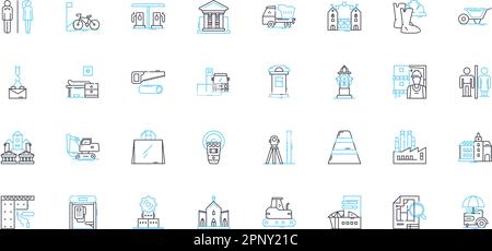 Skyscrapers linear icons set. Towering, Architectural, Urban, Majestic, Iconic, Futuristic, Skyline line vector and concept signs. Height,Glass Stock Vector