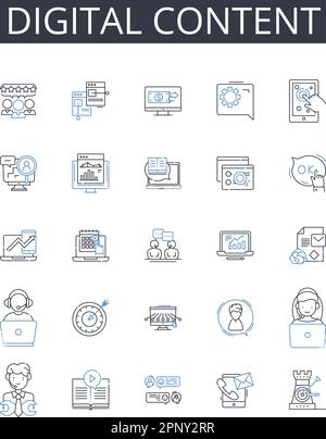 Digital content line icons collection. Online presence, Electronic media, Virtual assets, Cyber information, Web data, Computerized material Stock Vector