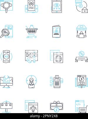 Cyber Monday linear icons set. Deals, Discounts, Savings, Sales, Promotions, Offers, E-commerce line vector and concept signs. Shopping,Online,Flash Stock Vector