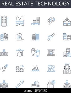 Real Estate Technology line icons collection. PropTech, Property technology, Realty tech, Smart buildings tech, CRE tech, Real estate innovation Stock Vector