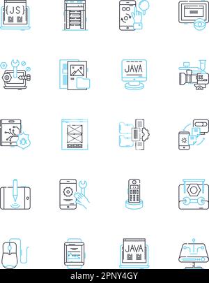 Information systems linear icons set. Database, Analytics, Nerking, Cloud, Security, automation, Integration line vector and concept signs. Web-based Stock Vector