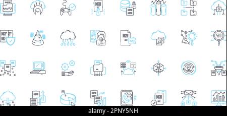 Market monitoring linear icons set. Analysis, Forecasting, Insights, Tracking, Reporting, Metrics, Trends line vector and concept signs. Data Stock Vector