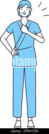 Middle-aged and senior female admitted patient in hospital gown tapping her chest, Vector Illustration Stock Vector