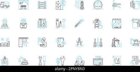 Building compnts linear icons set. Roofing, Flooring, Insulation, Windows, Doors, Ceilings, Walls line vector and concept signs. Columns,Beams,Bricks Stock Vector