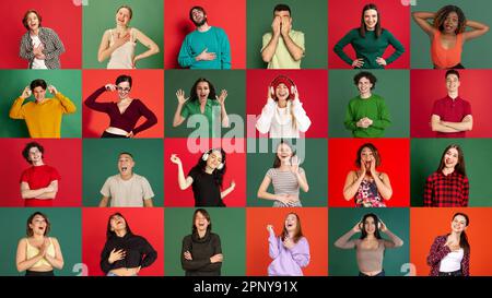 Collage with young ethnically diverse people, men and women laughing happily over green and red background. Joyful emotions and facial expressions Stock Photo