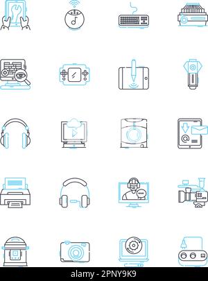 Equipment support linear icons set. Maintenance, Repair, Upkeep, Assistance, Service, Assistance, Compliance line vector and concept signs. Inspection Stock Vector