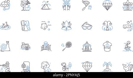 Outdoor adventure line icons collection. Hiking, Camping, Climbing, Kayaking, Rafting, Fishing, Backpacking vector and linear illustration. Biking Stock Vector