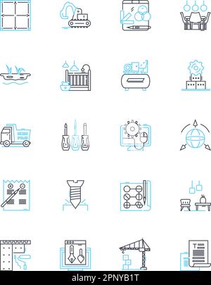 Building compnts linear icons set. Roofing, Flooring, Insulation, Windows, Doors, Ceilings, Walls line vector and concept signs. Columns,Beams,Bricks Stock Vector