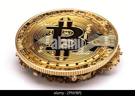 Bitcoin inner workings of the cryptocurrency isolated on white. A ...
