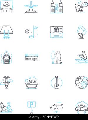 Adventure pursuits linear icons set. Climbing, Hiking, Skydiving, Bungee jumping, Surfing, Rafting, Rock climbing line vector and concept signs Stock Vector