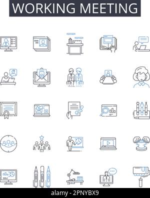 Working meeting line icons collection. Planning session, Team brainstorm, Creative workshop, Productive huddle, Brain dump, Collaboration session Stock Vector