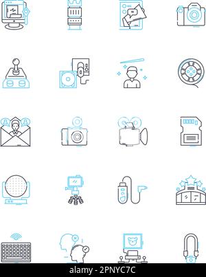 Audio podcast linear icons set. Entertainment, News, Interviews, Storytelling, Education, Technology, Sports line vector and concept signs. Music,Talk Stock Vector