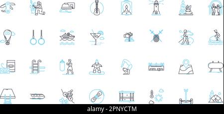 Leisure market linear icons set. Entertainment, Travel, Adventure, Recreation, Relaxation, Hobbies, Outdoors line vector and concept signs. Sports Stock Vector