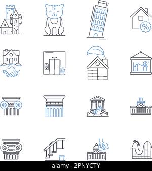 Vacation rentals line icons collection. Accommodations, Villas, Apartments, Cabins, Cottages, Chalets, Condos vector and linear illustration Stock Vector