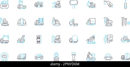 Agricultural equipment linear icons set. Tractor, Harvester, Seeder, Planter, Plow, Cultivator, Irrigator line vector and concept signs. Sprayer,Mower Stock Vector