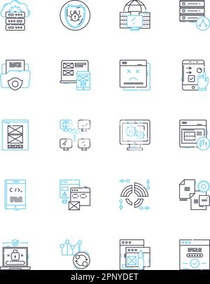 Web computing linear icons set. Browser, HTML, JavaScript, CSS, Server, Database, API line vector and concept signs. Cloud,FTP,Hosting outline Stock Vector
