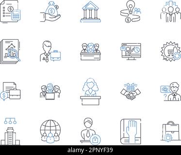 Fiscal entity line icons collection. Budget, Taxes, Revenue, Expenditure, Fiscal policy, Deficit, Surplus vector and linear illustration. Debt Stock Vector