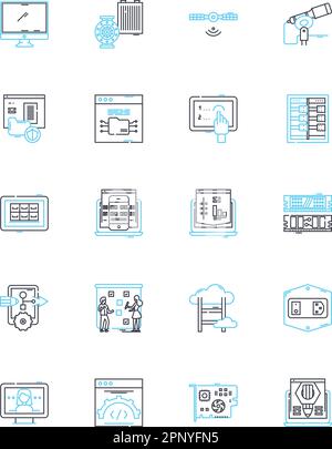 Digital device linear icons set. Smartph, Tablet, Laptop, Desktop, Smartwatch, Fitness tracker, E-reader line vector and concept signs. Camera,Dr Stock Vector