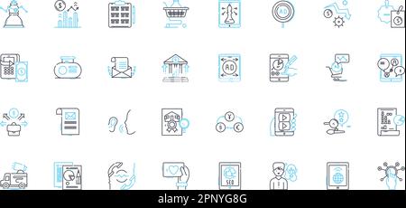 Merchandise trade linear icons set. Import, Export, Trade, Tariff, Customs, Free trade, Balance line vector and concept signs. Surplus,Deficit Stock Vector