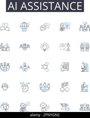 AI assistance line icons collection. Automated help, Digital support, Smart guidance, Virtual aid, Intelligent backing, Modern assistance, Robotic Stock Vector