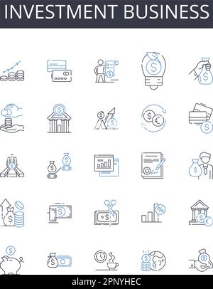 Investment business line icons collection. Finance industry, Trade market, Economic sector, Capital venture, Mtary commerce, Fiscal activity, Banking Stock Vector