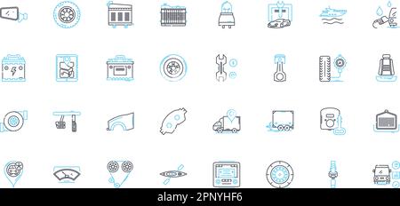 Vehicle repairs linear icons set. Brake, Engine, Transmission, Suspension, Battery, Alternator, Radiator line vector and concept signs. Exhaust,Clutch Stock Vector