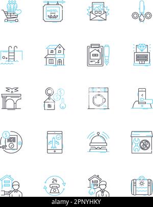 Beach resorts linear icons set. Sand, Waves, Sun, Seafood, Surf, Relaxation, Paradise line vector and concept signs. Palm trees,Fun,Tropical outline Stock Vector