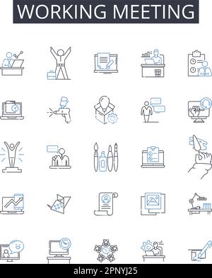 Working meeting line icons collection. Planning session, Team brainstorm, Creative workshop, Productive huddle, Brain dump, Collaboration session Stock Vector