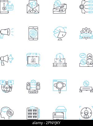 Web development firm linear icons set. Code, Design, UI/UX, Backend, Frontend, Development, Innovation line vector and concept signs. Technology Stock Vector