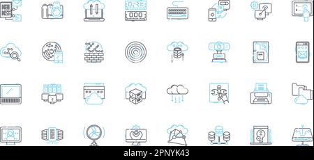 Computer software linear icons set. Programming, Coding, Debugging, Encryption, Gaming, Visualization, Analytics line vector and concept signs Stock Vector