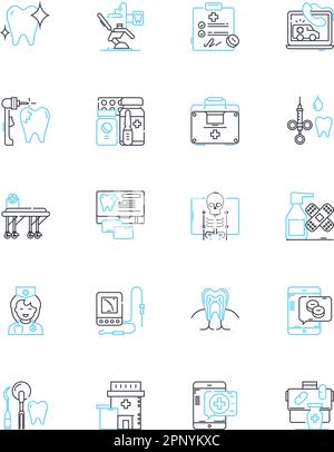 Oral healthcare linear icons set. Cavities, Plaque, Gingivitis, Halitosis, Tartar, Fluoride, Flossing line vector and concept signs. Brushing Stock Vector