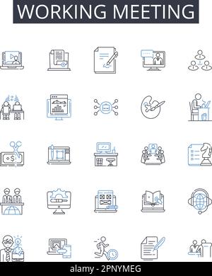 Working meeting line icons collection. Planning session, Team brainstorm, Creative workshop, Productive huddle, Brain dump, Collaboration session Stock Vector