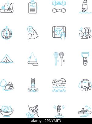 Beach vacations linear icons set. Sun, Sand, Waves, Surfing, Kayaking, Snorkeling, Diving line vector and concept signs. Swimming,Relaxation,Seashells Stock Vector