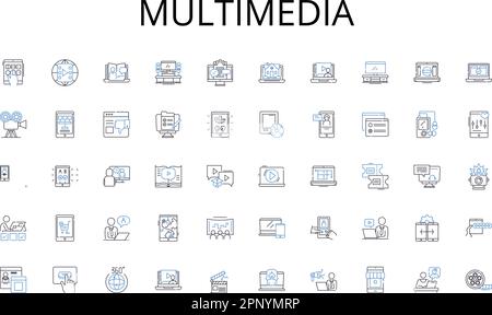 Multimedia line icons collection. Nerk, Conversations, Collaborations, Connections, Technology, Relationships, Interactions vector and linear Stock Vector