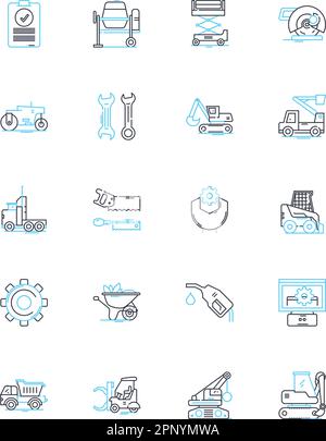 Agricultural equipment linear icons set. Tractor, Harvester, Seeder, Planter, Plow, Cultivator, Irrigator line vector and concept signs. Sprayer,Mower Stock Vector