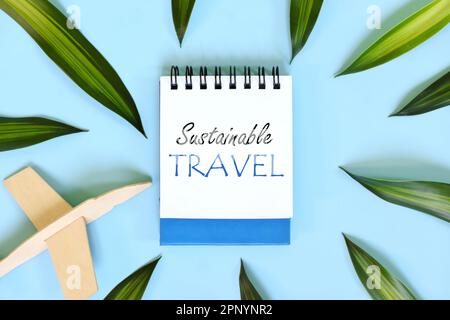 Sustainable travel concept. Beautiful flat lay composition in blue background. Stock Photo