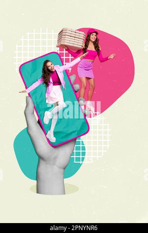 Creative collage advertisement of young girl courier app food delivery phone screen order italian pizza boxes isolated on drawn background Stock Photo