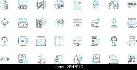 Digital fabrication linear icons set. Additive manufacturing, Robotics, Laser-cutting, D scanning, Material science, Rapid prototyping, CNC line Stock Vector