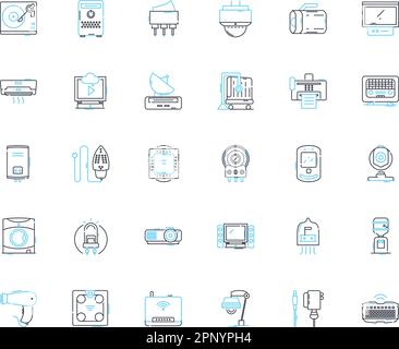 Wireless communication linear icons set. Bluetooth, Wi-Fi, Cellular, Signal, Radio, Nerk, Antenna line vector and concept signs. Modem,Receiver Stock Vector