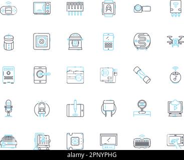 Devices technology linear icons set. Smartph, Laptop, Tablet, Smartwatch, Fitbit, Dr, Camera line vector and concept signs. Gaming,Virtual reality Stock Vector