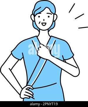 Middle-aged and senior female admitted patient in hospital gown tapping her chest, Vector Illustration Stock Vector