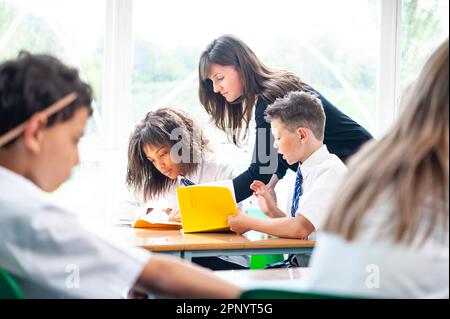 Teacher helping supporting checking peoples work Stock Photo
