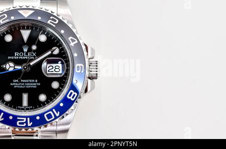 Bangkok Thailand- Feb 20,2022 :Close up Rolex GMT-Master II "Batman"40mm with blue-black bezel Steel Ceramic Men's Wrist watch on white background Stock Photo