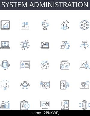 System administration line icons collection. Nerk management, Cybersecurity, IT support, User management, Data analysis, Cloud computing, Project Stock Vector