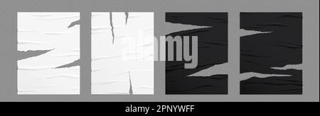 Realistic set of ripped glued wall posters isolated on transparent background. Vector illustration of blank black and white paper sheets with wet wrin Stock Vector