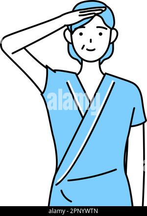 Middle-aged and senior female admitted patient in hospital gown making a salute, Vector Illustration Stock Vector