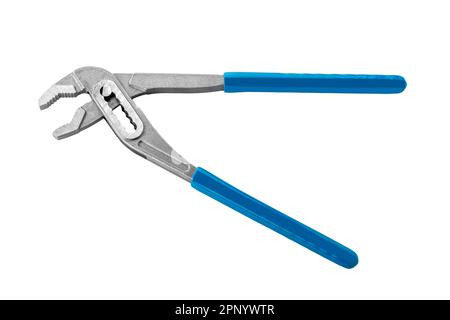 Adjustable water pump pliers or parrot pliers with blue handles for plumbing work isolated on white, clipping path included Stock Photo